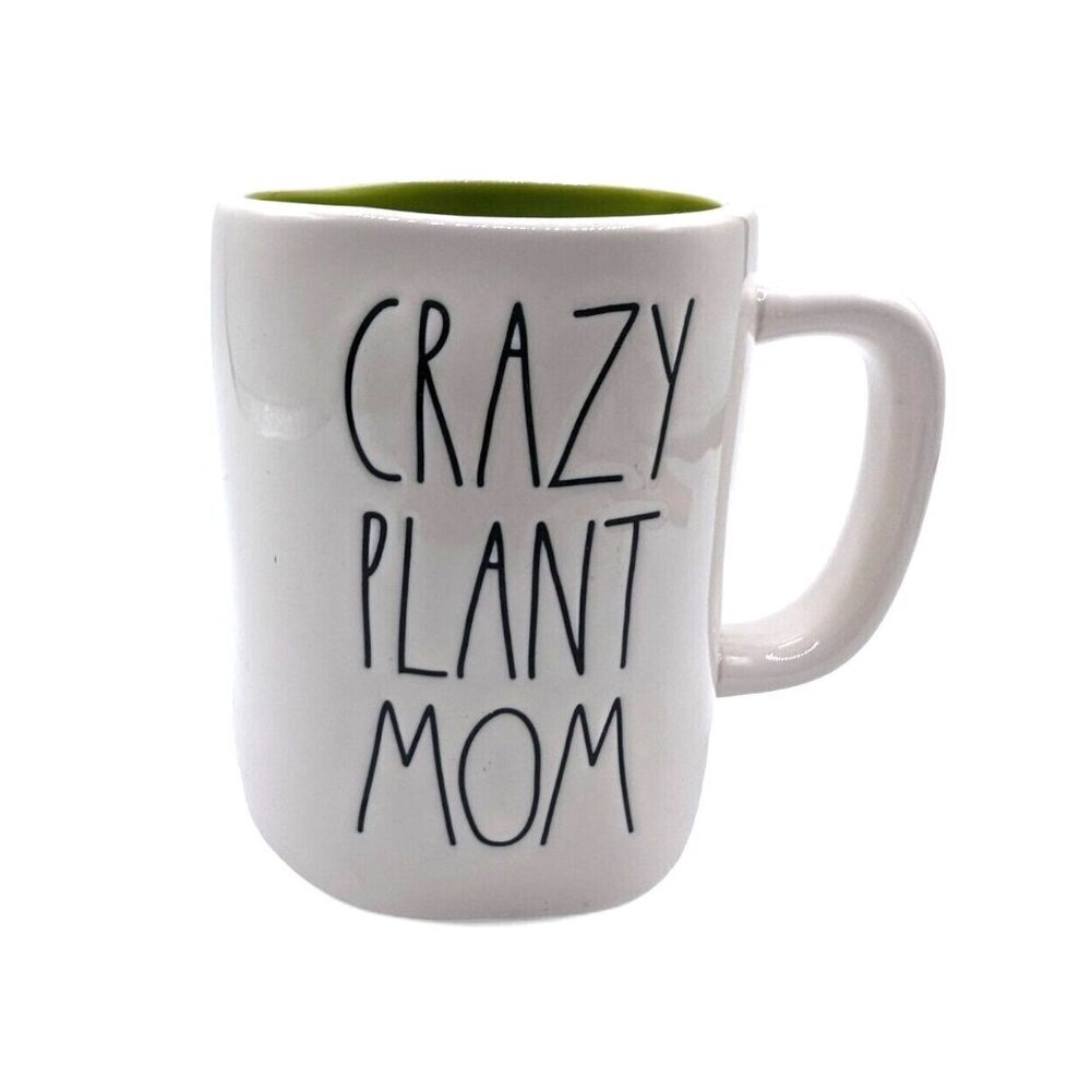 Rae Dunn CRAZY PLANT MOM Coffee Tea Mug Cup 18 Oz White & Green With A Leaf